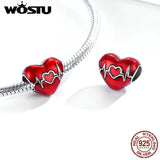 925 Silver Heartbeat Charm Red Enamel Beads Women Bracelet DIY Jewelry