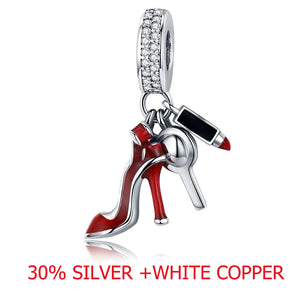 925 Silver Shoes Mirror Pendant Beads Charm Bracelet Jewelry