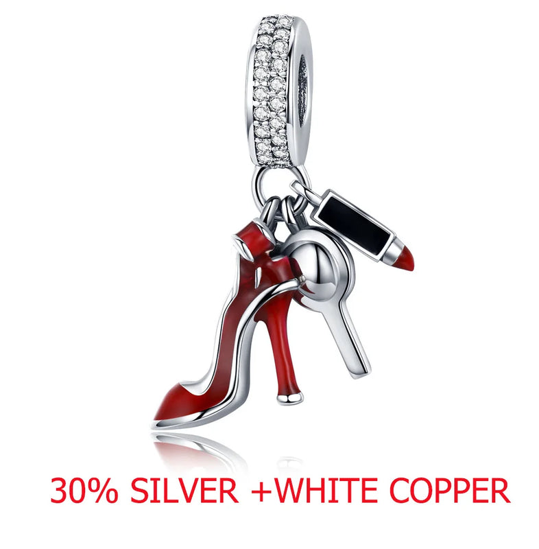 925 Silver Shoes Mirror Pendant Beads Charm Bracelet Jewelry