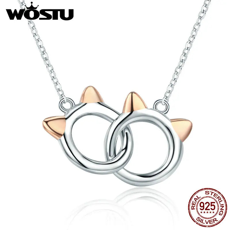 925 Sterling Silver Cat Link Pendant Necklace For Women