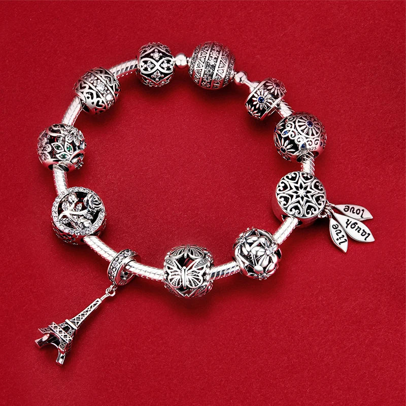 925 Silver Vintage Beads Charm Bracelet Pendant Jewelry