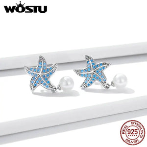 Ocean Starfish Drop Earrings CZ Zircon Silver Jewelry