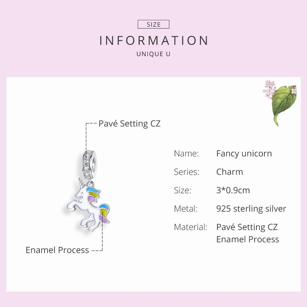 Lucky Unicorn Dangle Charm 925 Sterling Silver Multi-Color Enamel Beads