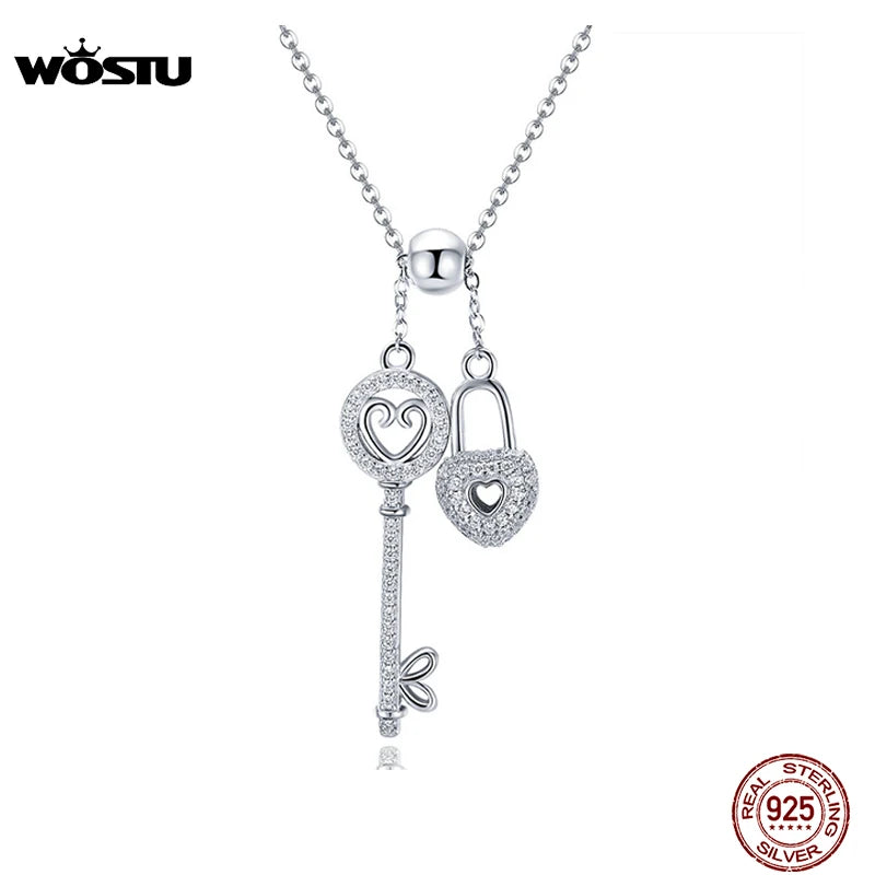 925 Silver Key of Heart Lock Pendant Necklace for Women Gift