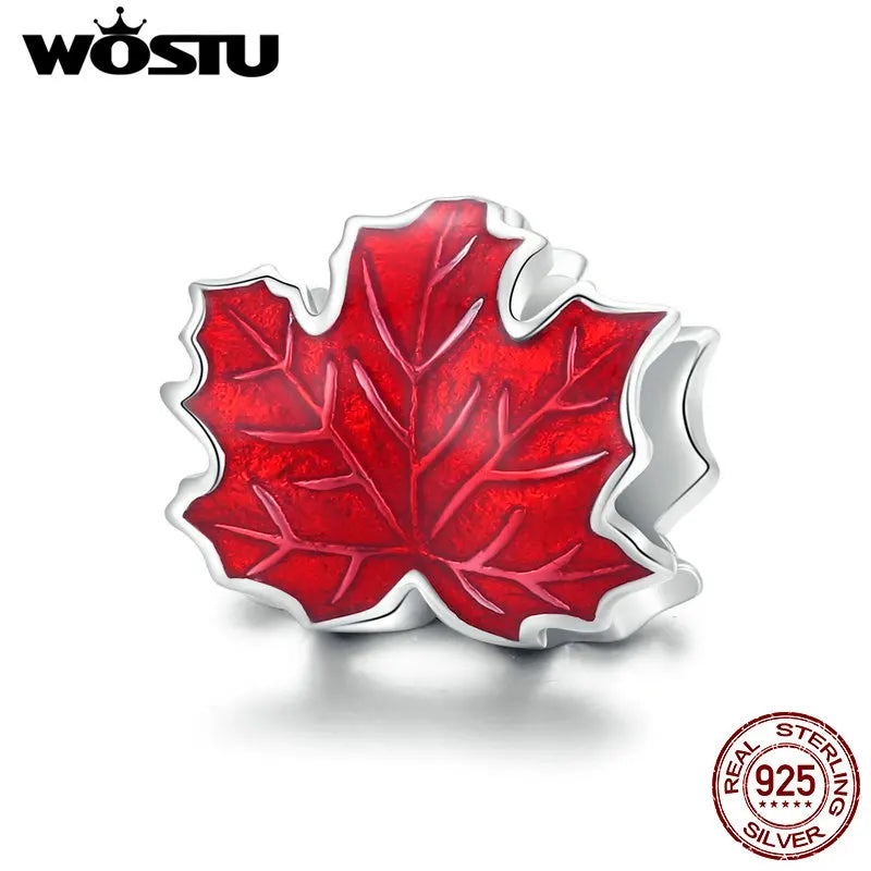 Maple Leaves Charm 925 Sterling Silver Red Enamel Bead Pendant