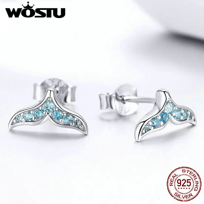Mermaid Tail Zircon Stud Earrings 925 Sterling Silver FNE058