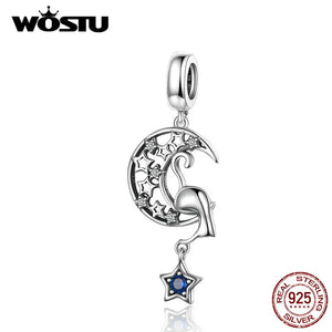 Moon & Stars Dangle Charm 925 Sterling Silver Zircon Beads Fit Bracelet Pendant