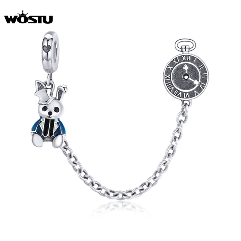 Rabbit Safety Chain 925 Sterling Silver Bunny & Clock Charms Bracelet Pendant