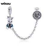 Rabbit Safety Chain 925 Sterling Silver Bunny & Clock Charms Bracelet Pendant