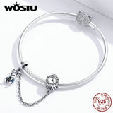 Rabbit Safety Chain 925 Sterling Silver Bunny & Clock Charms Bracelet Pendant