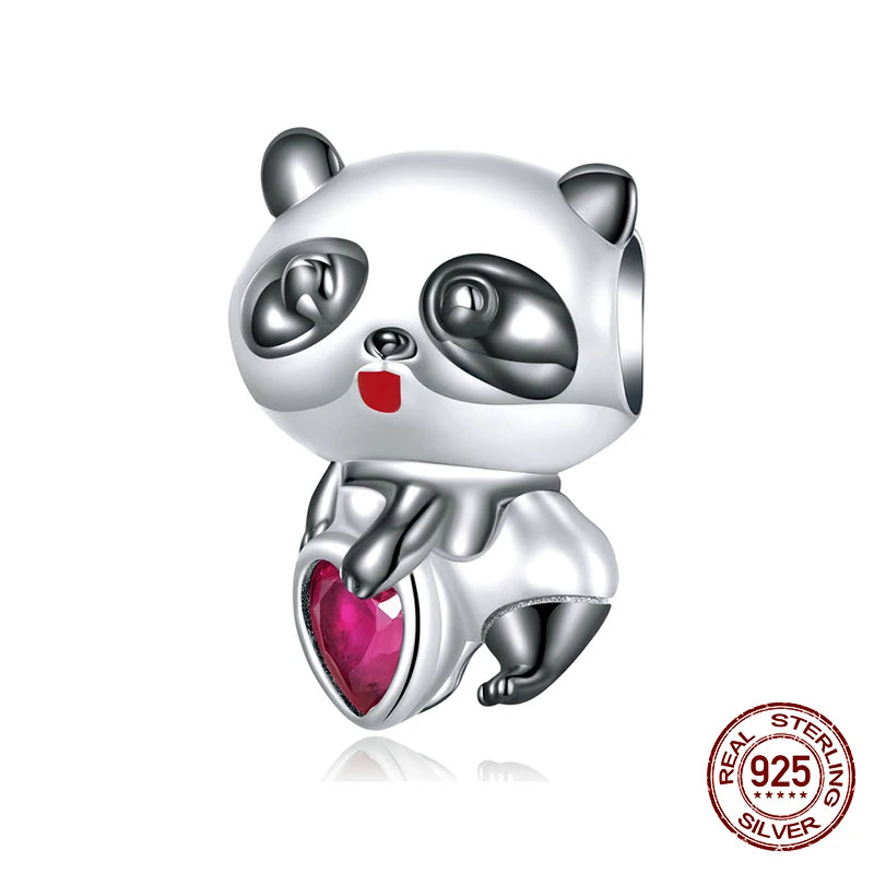 925 Silver Baby Panda Heart Charms Beads for DIY Bracelet