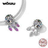 925 Silver Tree Of Life Dream Catcher Charm Beaded Feather Pendant