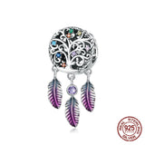 925 Silver Tree Of Life Dream Catcher Charm Beaded Feather Pendant