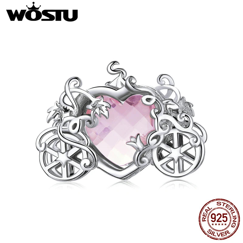 925 Silver Magic Carriage Pink CZ Beads Pendant DIY Jewelry Accessory
