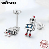925 Silver Heart Robot Stud Earrings Original Jewelry FIE477