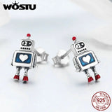 925 Silver Heart Robot Stud Earrings Original Jewelry FIE477