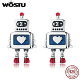 925 Silver Heart Robot Stud Earrings Original Jewelry FIE477