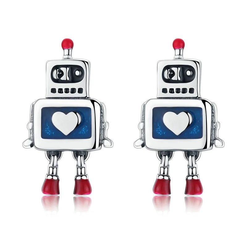 925 Silver Heart Robot Stud Earrings Original Jewelry FIE477