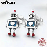 925 Silver Heart Robot Stud Earrings Original Jewelry FIE477