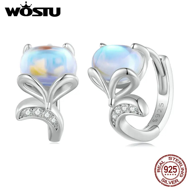 925 Silver Fox Ear Clips Moonstone Hoop Earrings