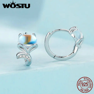 925 Silver Fox Ear Clips Moonstone Hoop Earrings