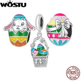 925 Sterling Silver Rabbit Easter Egg Basket Charms Bracelet Bead