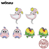 925 Silver Pink Flamingo Stud Earrings Wedding Jewelry
