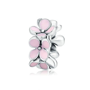 925 Sterling Silver Pink Flower Charms for Bracelet Pendant Jewelry