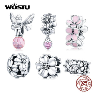 925 Sterling Silver Pink Flower Charms for Bracelet Pendant Jewelry