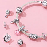 925 Sterling Silver Pink Flower Charms for Bracelet Pendant Jewelry