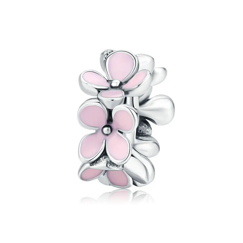 925 Sterling Silver Pink Flower Charms for Bracelet Pendant Jewelry