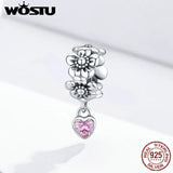925 Sterling Silver Pink Flower Charms for Bracelet Pendant Jewelry