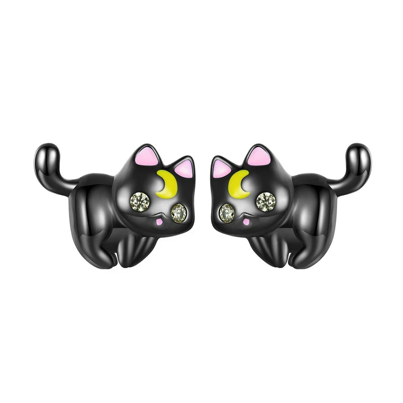 Sterling Silver Cat Stud Earrings Moon Kitten Earring Studs
