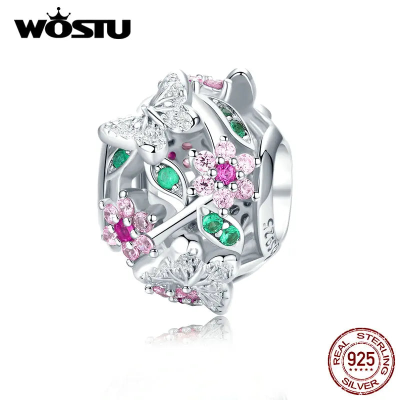 925 Silver Butterfly & Flowers Beads Pink Zircon Bracelet Pendant
