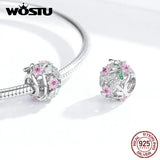 925 Silver Butterfly & Flowers Beads Pink Zircon Bracelet Pendant