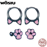 925 Silver Cat Ear Hoop Earrings Pink Pet Paw Studs Girl Jewelry