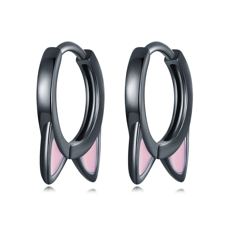 925 Silver Cat Ear Hoop Earrings Pink Pet Paw Studs Girl Jewelry