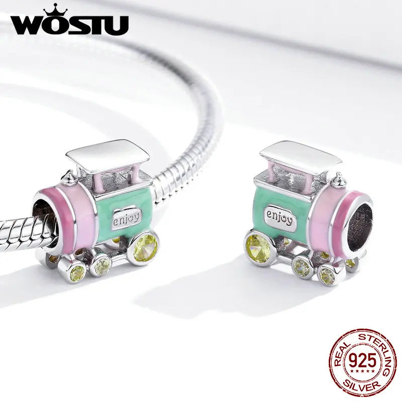 925 Silver Train Beads Crystal Charms for Bracelet Pendant