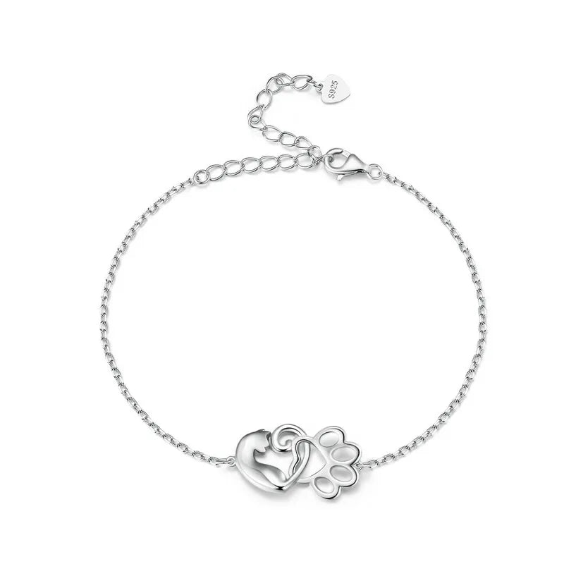 925 Sterling Silver Cat Charm Bracelet Pet Paw Chain Links Girl Jewelry