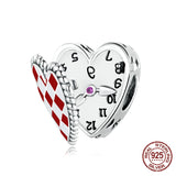 925 Silver Red Heart Clock Charms Beads Women DIY Bracelet Necklace