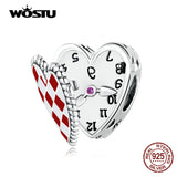 925 Silver Red Heart Clock Charms Beads Women DIY Bracelet Necklace