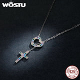 925 Sterling Silver Rainbow Heart Cross Pendant Necklace