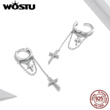 925 Silver CZ Long Cross Hoop Earrings Women Jewelry CQE1002
