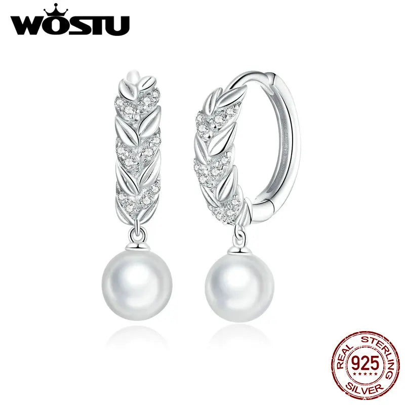 925 Silver CZ Wheat Pearl Hoop Earrings Women Jewelry CTE446