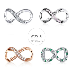 925 Silver Infinity Love Charm Family Bead Bracelet Pendant Zircon Jewelry