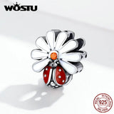 925 Sterling Silver Ladybug Flower Charm Bracelet Pendant Red Enamel CQC1276