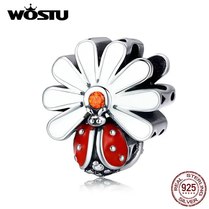 925 Sterling Silver Ladybug Flower Charm Bracelet Pendant Red Enamel CQC1276