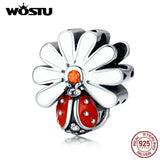 925 Sterling Silver Ladybug Flower Charm Bracelet Pendant Red Enamel CQC1276