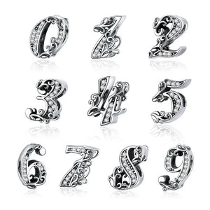 925 Sterling Silver Lucky Numbers 0-9 Zircon Beads Charms