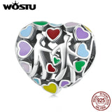 925 Silver Rainbow Heart Hand in Hand Charms Beads for Bracelet DIY